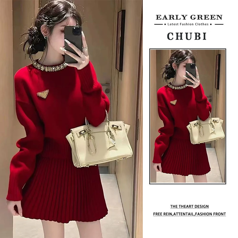 2025年秋冬新款圣诞穿搭宽松休闲针织衫显瘦百搭高级感短裙两件套
