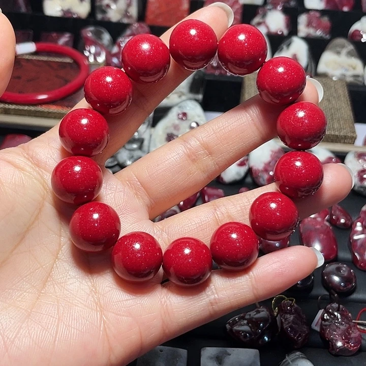 天然辰砂晶粉砂手链16mm