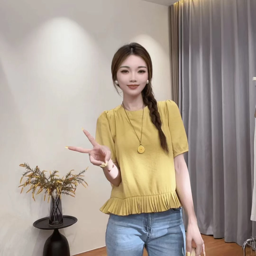 2025夏季新款韩版圆领泡泡袖衬衫百褶花边拼接下摆休闲纯色上衣女