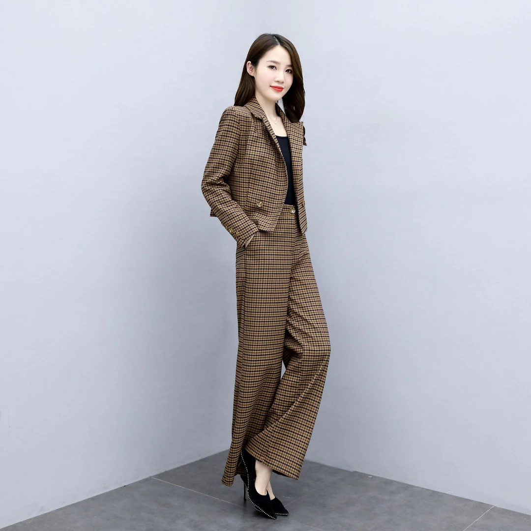 韩版简约通勤时尚两件套装2025秋季女长款休闲格子春秋阔腿裤长袖