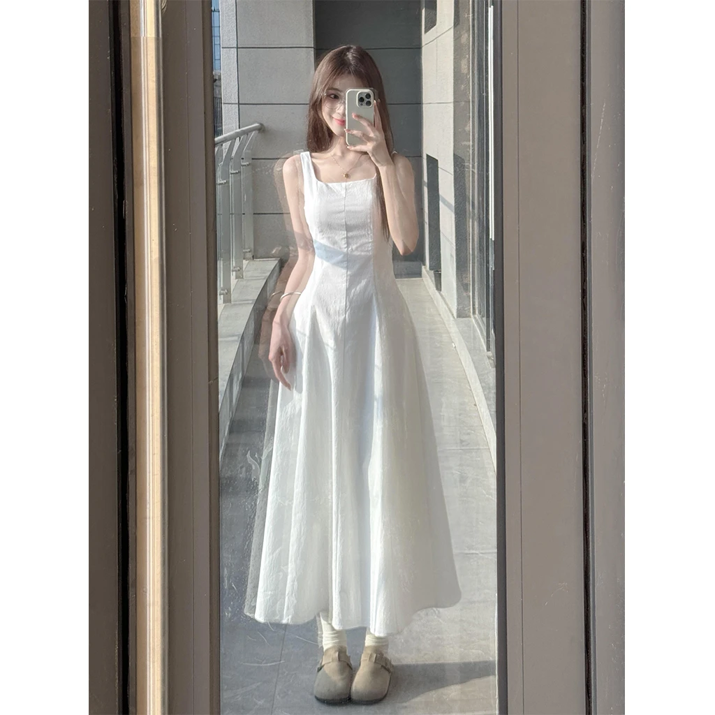 ZXLSTUDIO 【白月光】法式方领连衣裙夏收腰显瘦气质无袖白色长裙