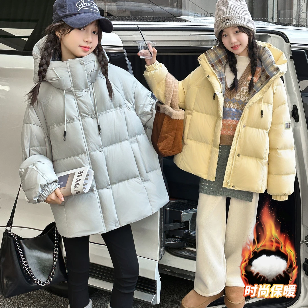 女童棉服2025新款冬季洋气时髦中大童拼接格子保暖冬装外套棉衣潮