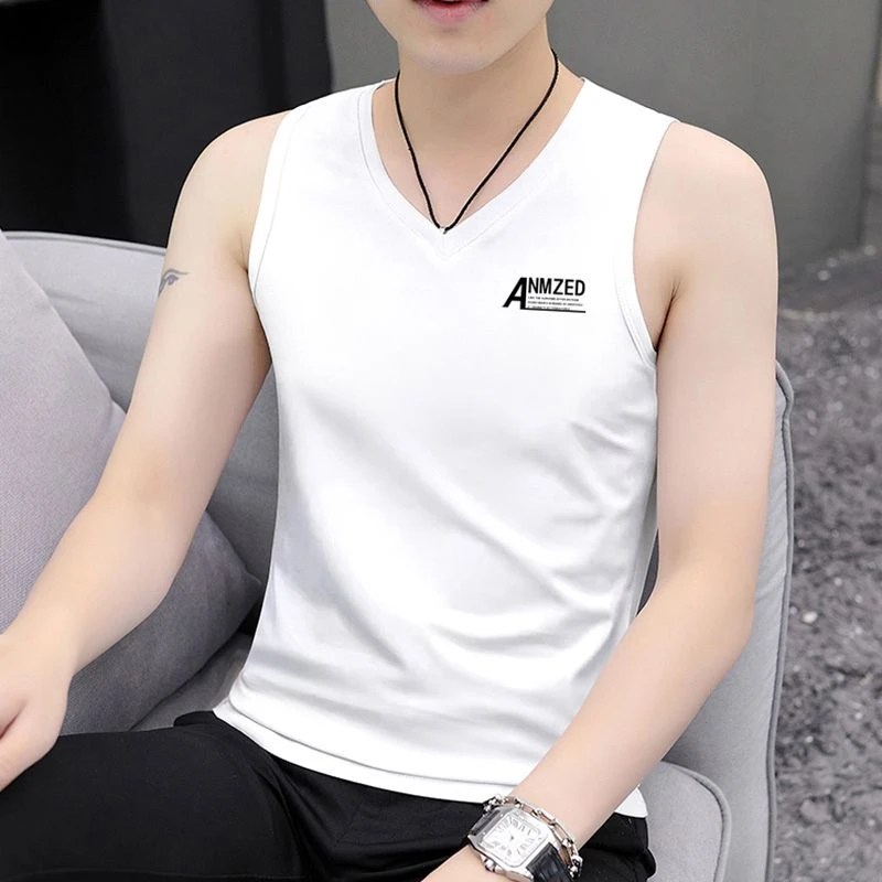 背心男夏季新款薄款速干无袖外穿坎肩坎袖运动健身印花V领体恤