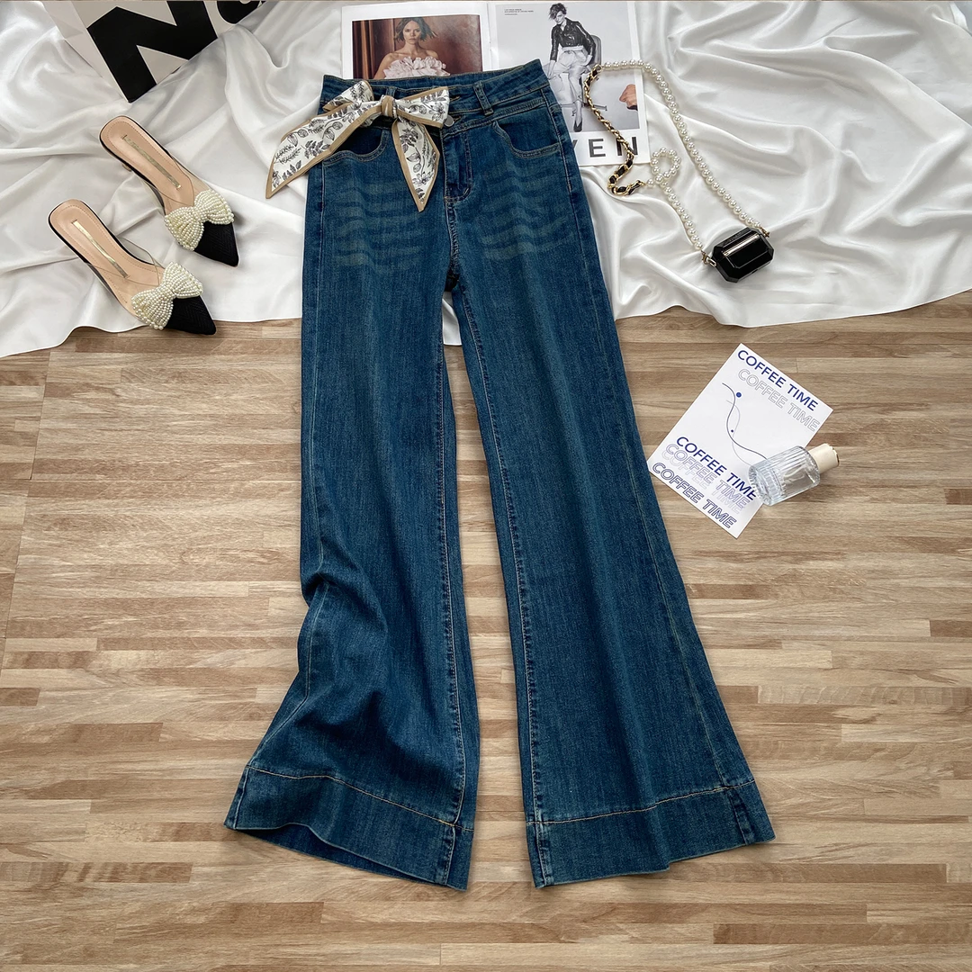 做旧~复古蓝微喇牛仔裤女秋季2025新款高腰显瘦修身小个子喇叭裤