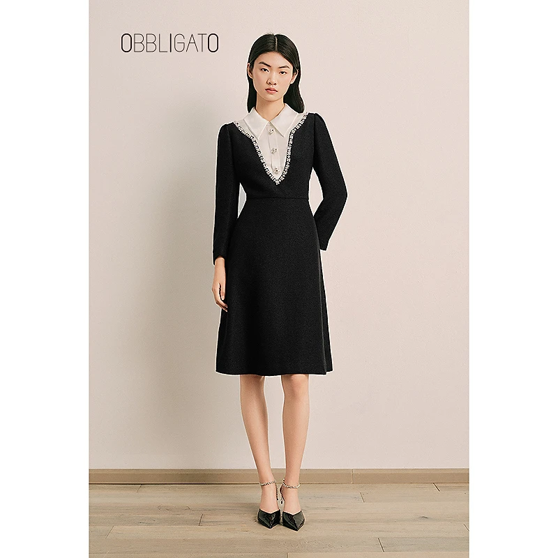 OBBLIGATO奥丽嘉朵1C65105210专选2025春季新品珠钻假两件连衣裙