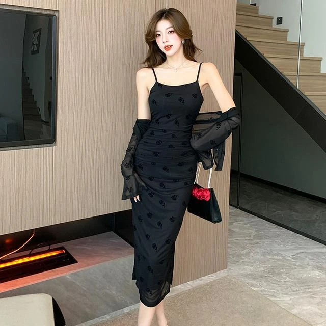 新疆西藏包邮法式名媛玫瑰印花网纱吊带褶皱设计包臀连衣裙女+开