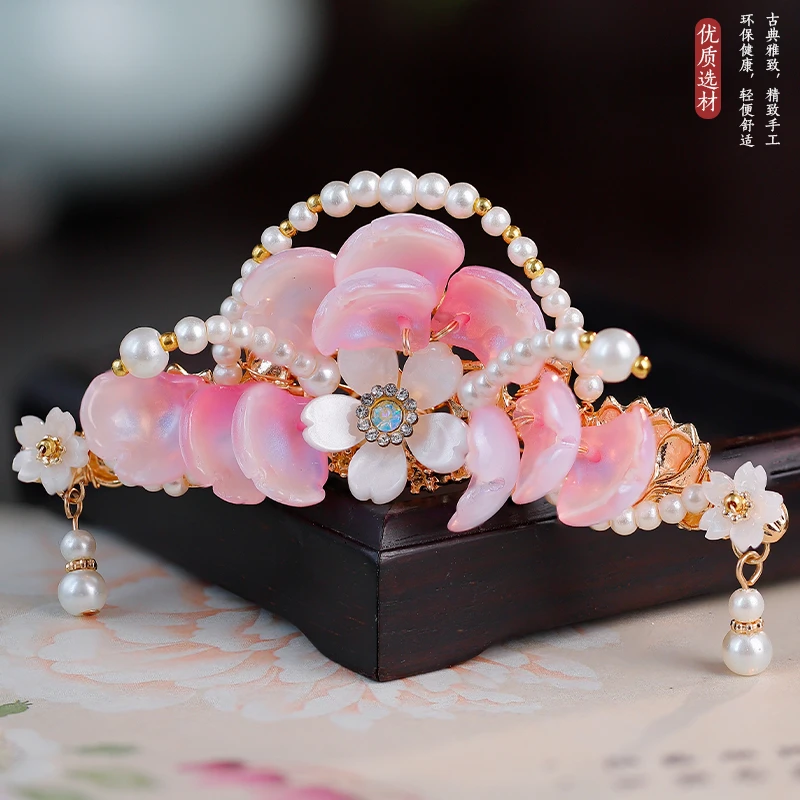 汉服头饰古装粉色合金手工u钗冠发冠琉璃花朵少女古风复古头饰