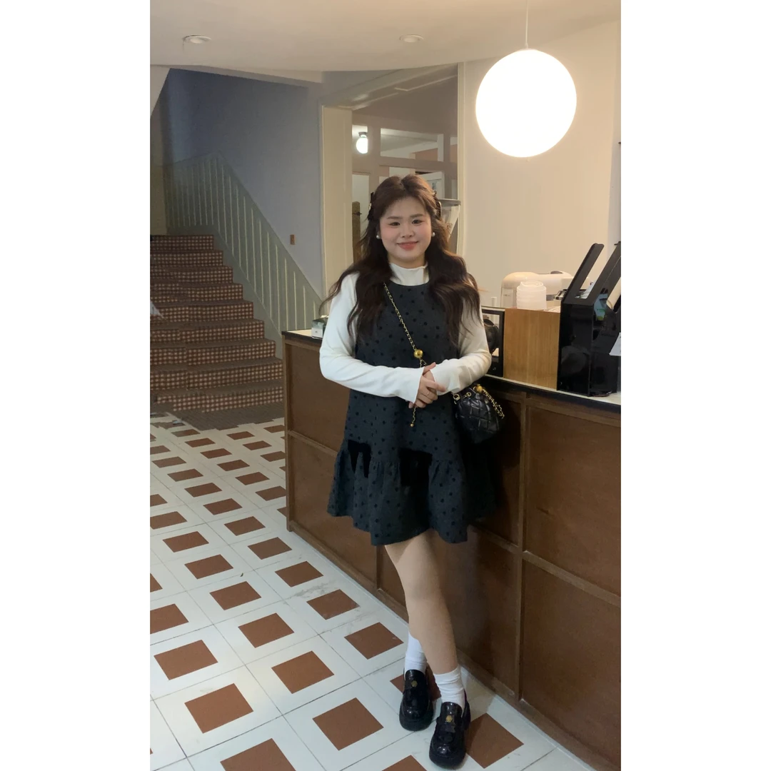 青苍【时尚专宠】大头婷微胖定制呢子植绒花朵波点丝绒蝴蝶结连衣裙