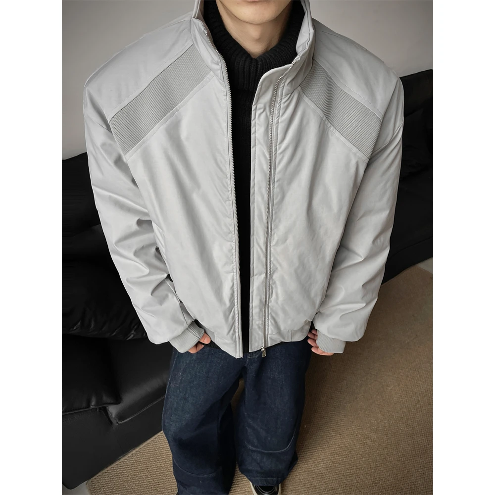 浅灰色解构立领棒球棉服男款冬季中性风保暖棉衣短款加厚正肩外套