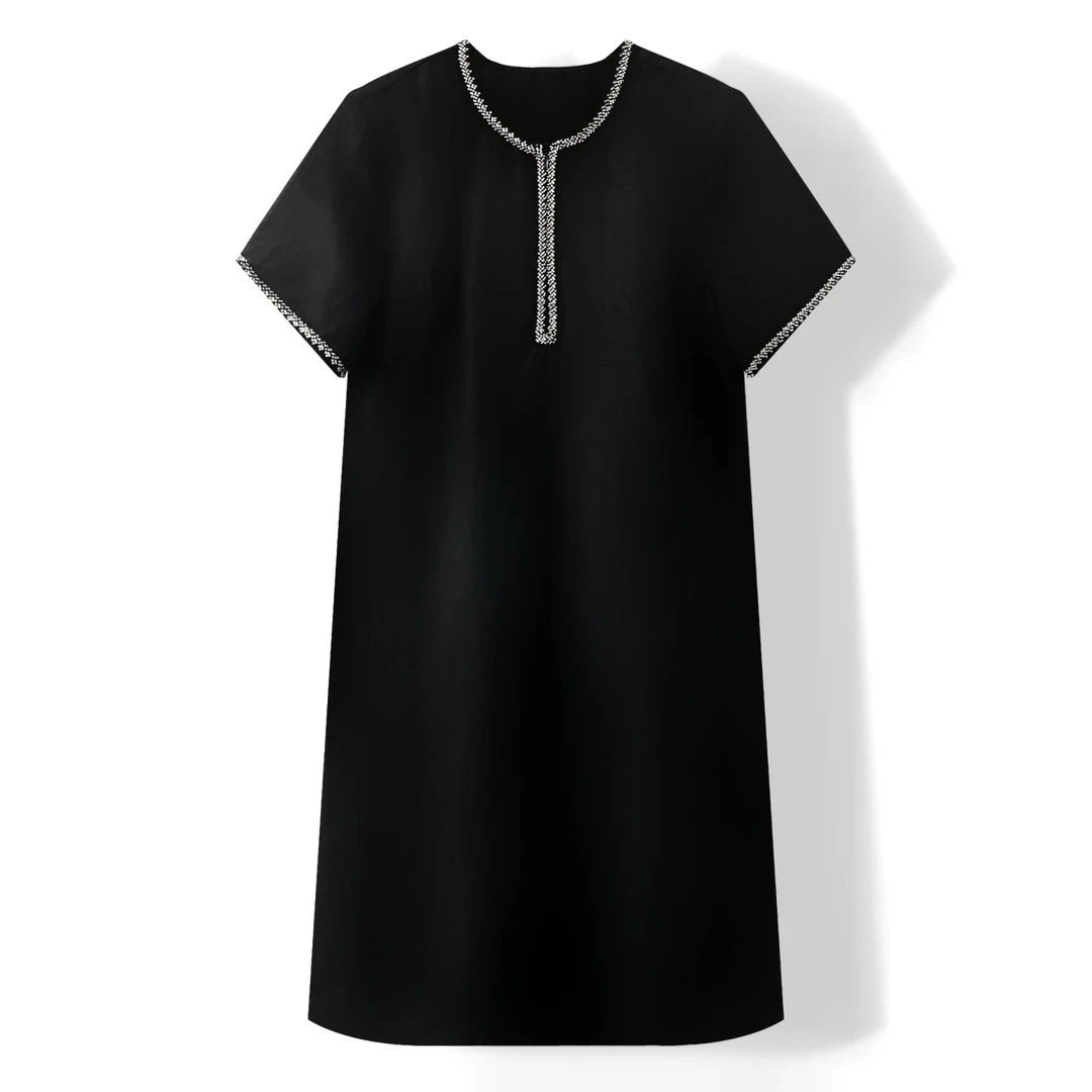 【黑钻】香云汉麻气质钉珠短袖连衣裙25182