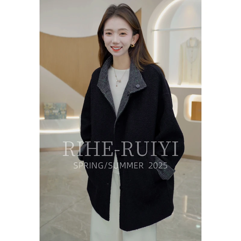 R H 【拼色格双面穿】羊毛混纺羊驼毛质感拼色双面羊毛大衣25988