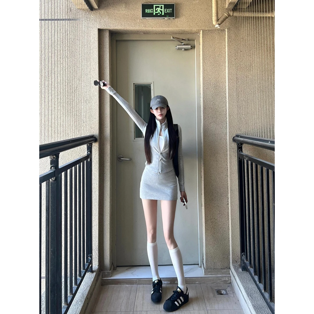 2025休闲运动套装女韩系连帽拉链开衫卫衣外套半身裙两件套装