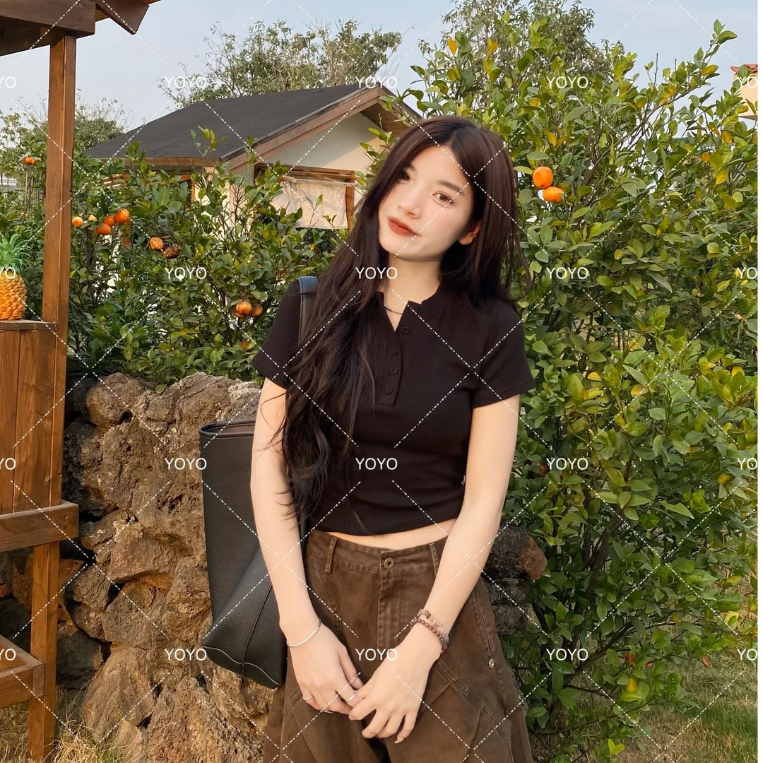 YOYO自制【包扣短袖】春夏2025新款圆领开扣短款上衣短袖T恤