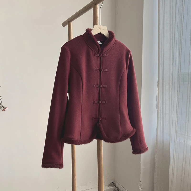 4251《梅枝凝雪》原创国风复古红色气质衬衫精致收腰显瘦上衣