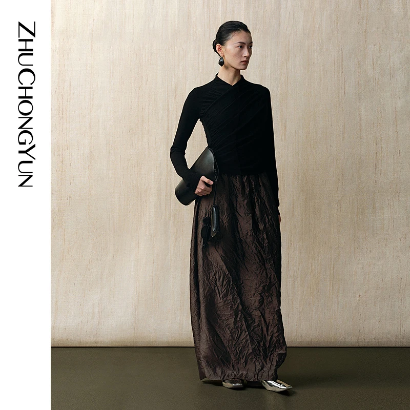 【晨晨甄选】ZHUCHONGYUN春咖色褶皱桑蚕丝羊毛宽松茧型长款半身裙