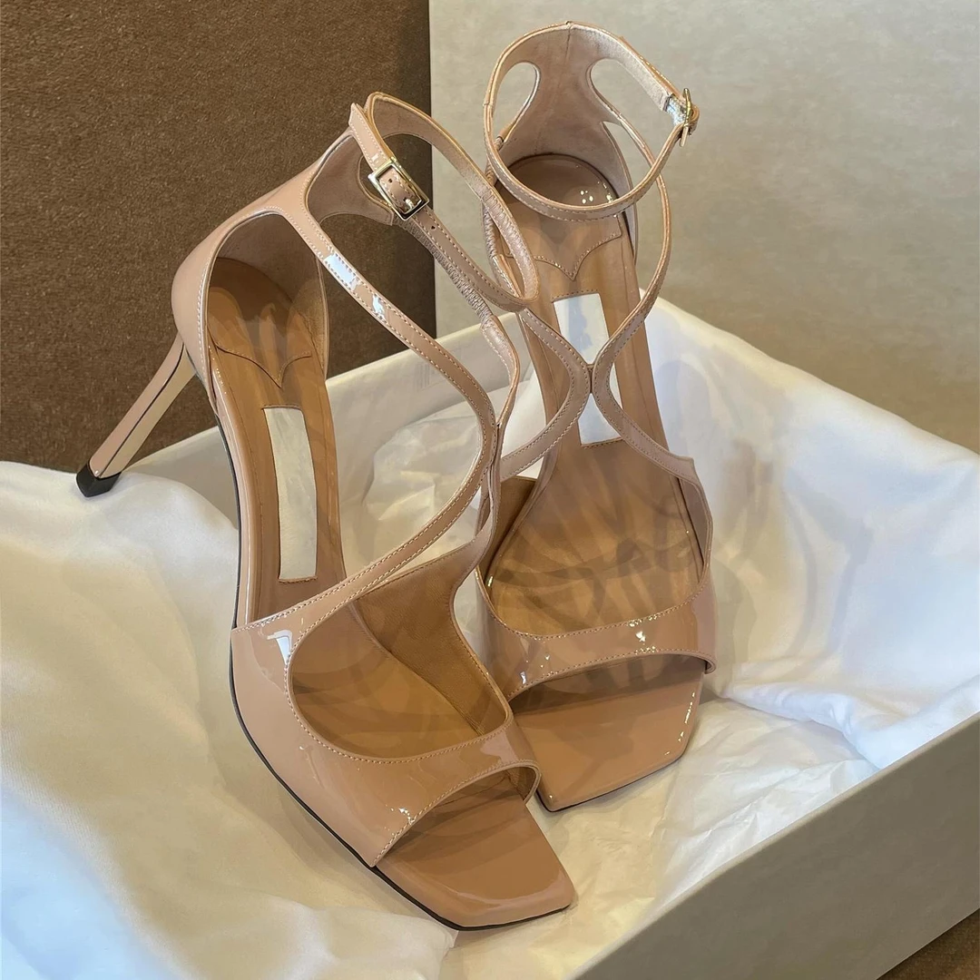 【高奢&达人款】2025夏季新款裸色一字扣带露趾高跟鞋女细跟方头