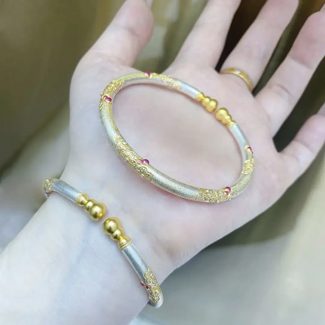 足银手镯 古法描金银手镯女足银999.9珐琅葫芦国风银镯子精美实心