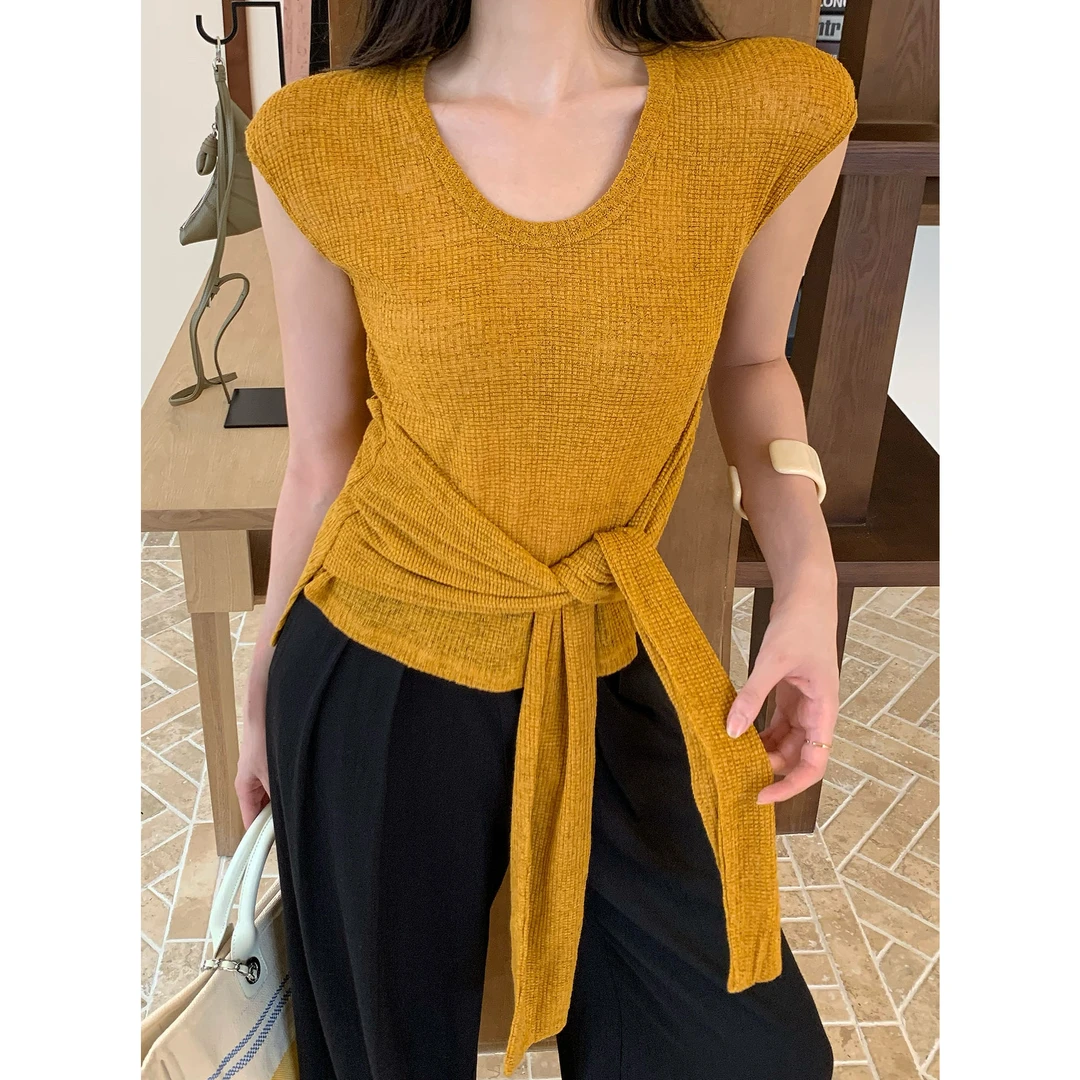 JIJINQI时尚修身背心T恤U型领飞飞袖修身型短袖上衣女JD05SZXL798