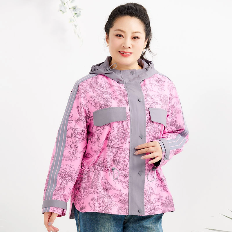 胖太太大码女装秋季新品时尚粉花色连帽风衣外套保暖潮724303810