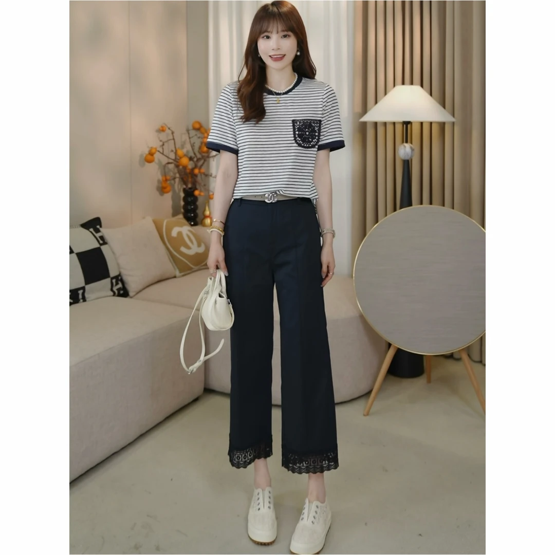 LMENY半亩花田~天丝条纹镂空单口袋显瘦T恤25BT026