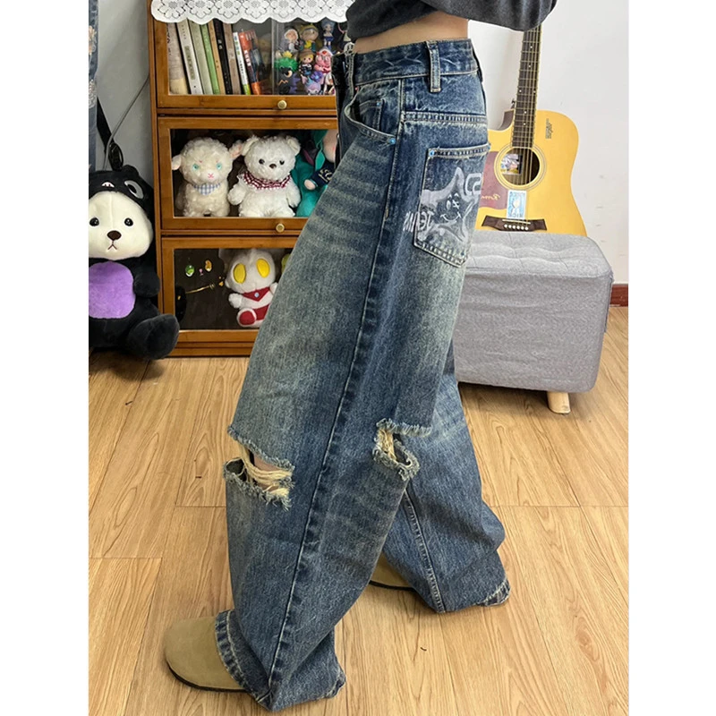 300斤美式复古大码胖mm破洞牛仔裤女春夏新款直筒裤子显瘦阔腿裤