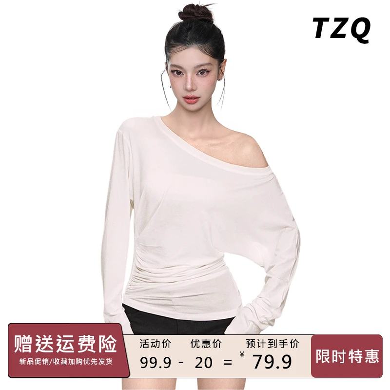 美式白色斜肩长袖t恤女夏季露肩爆款罩衫上衣薄款外搭TZQ2550103