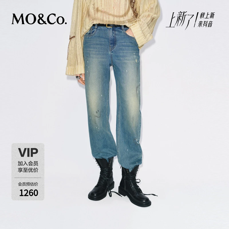 【SMILEY联名】MOCO牛仔裤2025冬新品脏污喷墨做旧棉质MBE4JEN009