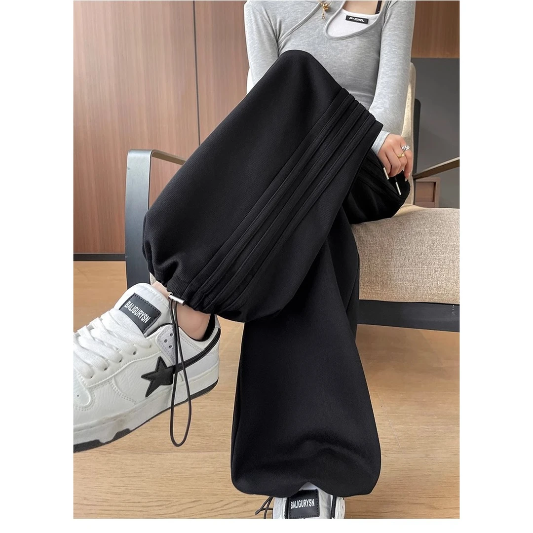 新款防风2025黑色运动裤女秋季宽松休闲窄版阔腿直筒灯笼束脚卫裤