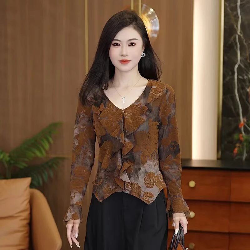 25175款时尚长袖碎花T恤性感花边拼接上衣别致修身V领体恤