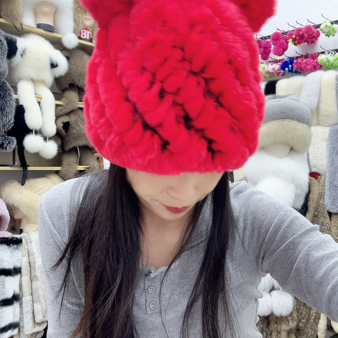 兔皮大红色獭兔毛猫耳朵帽