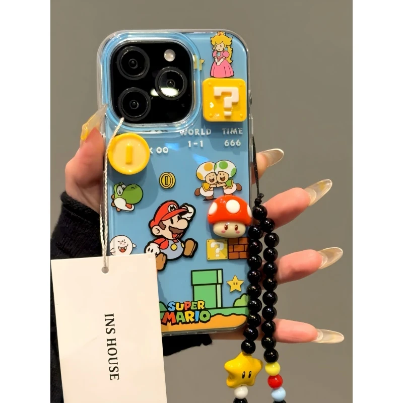 蓝底马里奥立体蘑菇金币适用iphone16promax苹果15p手机壳14新款