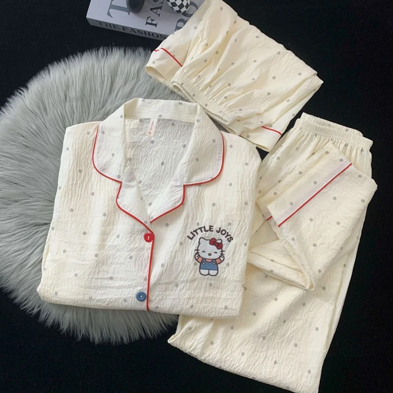 新款波点云朵棉睡衣女夏季卡通亲肤可爱甜美三件套短袖长裤可外穿