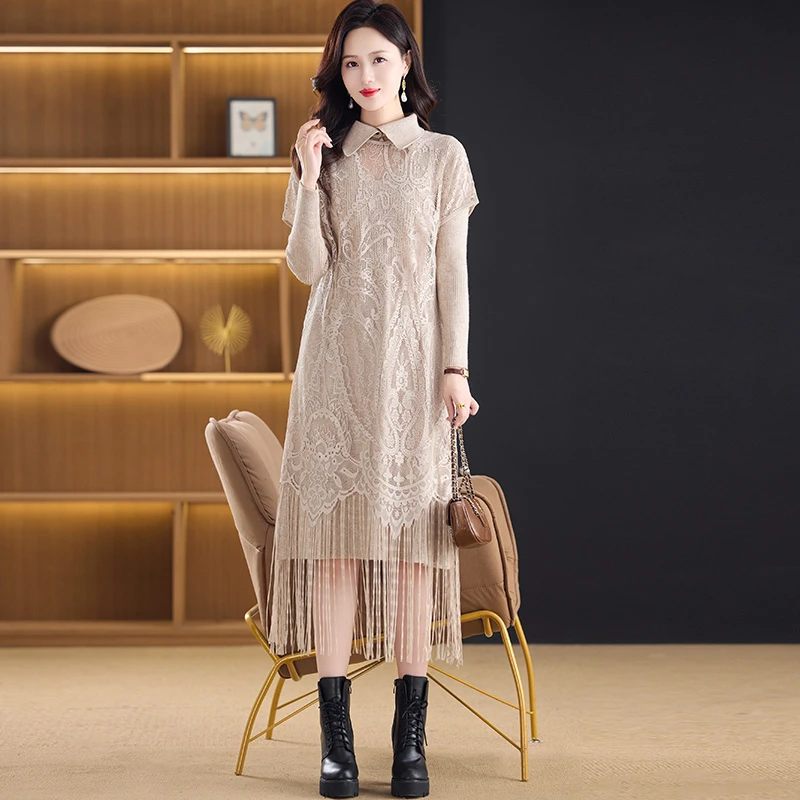 蕾丝针织连衣裙秋冬2025新款洋气妈妈翻领两件套毛衣裙子春秋外穿