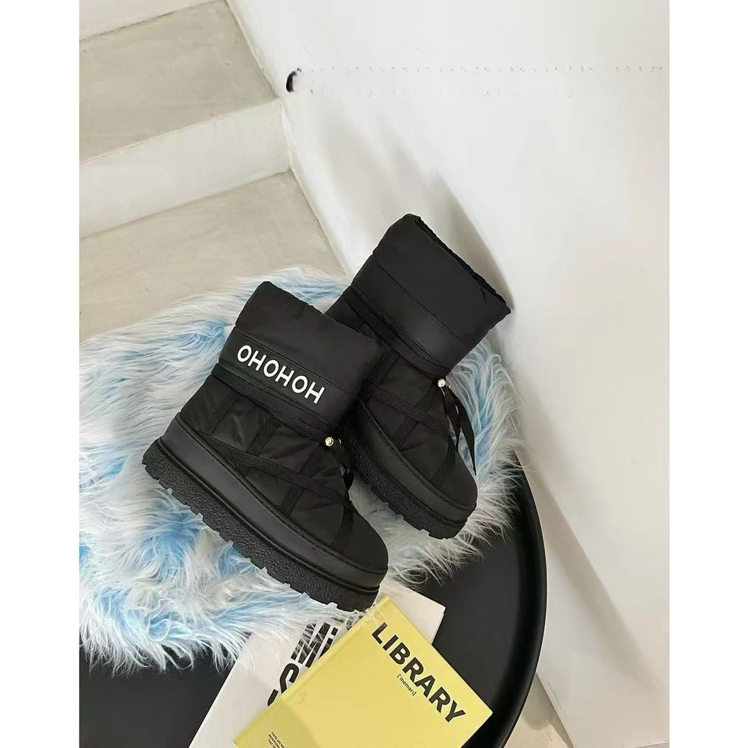 韩系绑带羽绒雪地靴 冬新款厚底增高保暖棉靴保暖面包靴