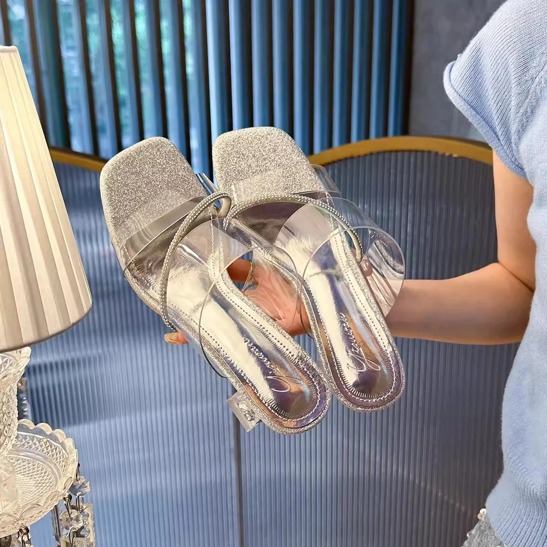 仙女风配裙子水钻凉鞋女2025夏季新款气质细跟6cm方头高跟一字拖