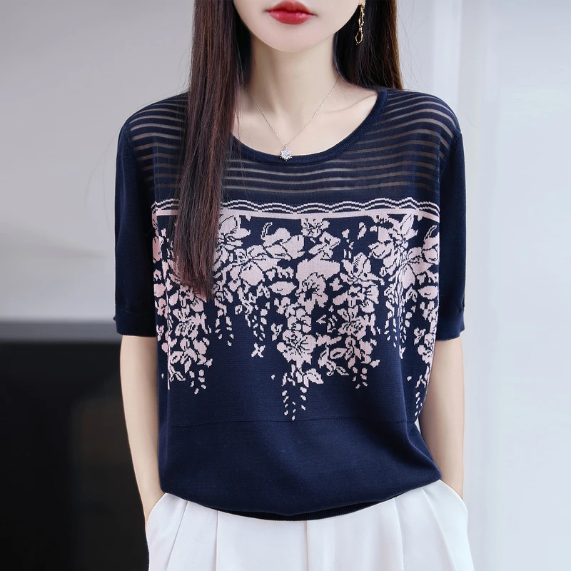 哥弟阿玛施正品夏季新款圆领提花蕾丝镂空短袖复古时尚洋气针织衫