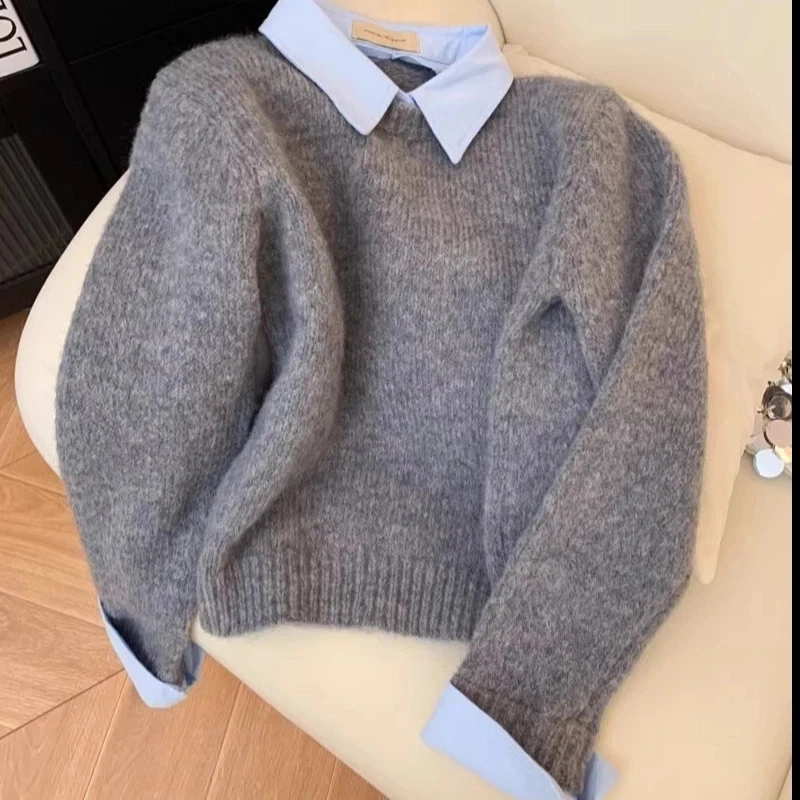 假两件衬衫领毛衣女秋冬新款加厚内搭慵懒风撞色灰色针织衫上衣