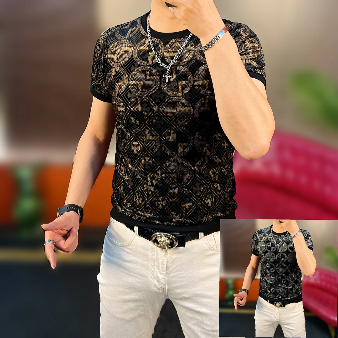 大奔哥-圆领休闲夏季透气修身字母提花T恤弹力薄款百搭夏季短袖