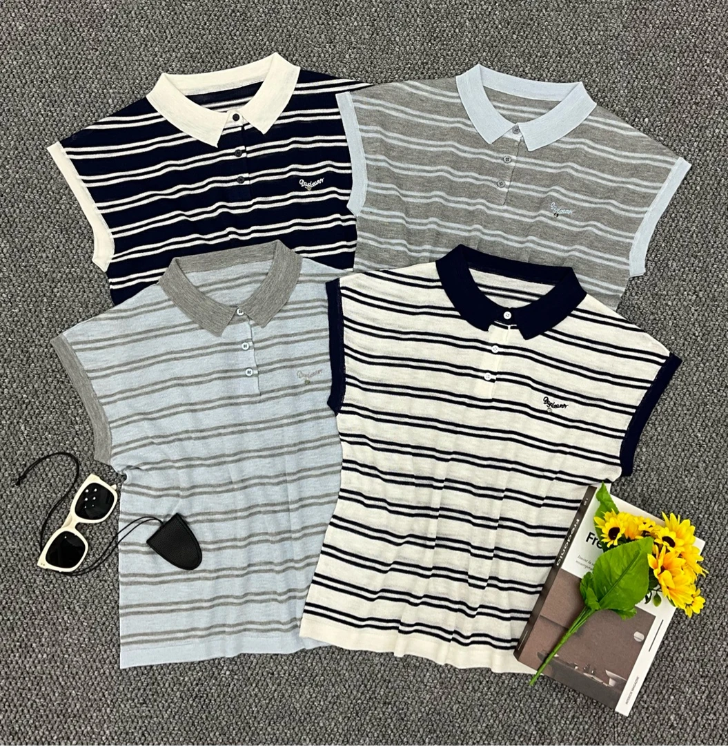 字母小圆片翻领条纹短袖针织