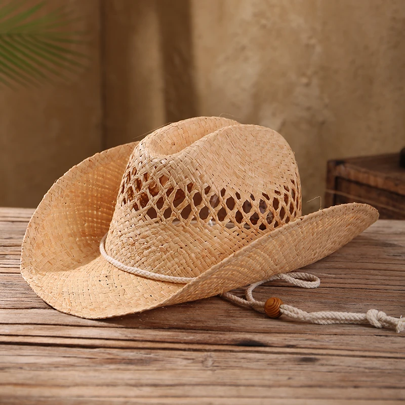 复古美国西部牛仔帽男夏季旅游遮阳防晒草帽女系带卷边拉菲草编