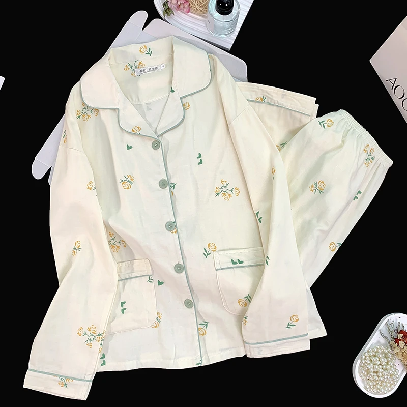 春秋长袖女士睡衣婴儿级A类加密双层棉纱夏季短袖时尚简约两件套