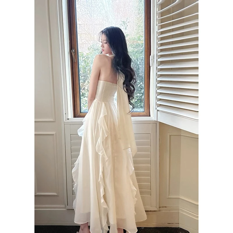 【浪漫香榭】法式挂脖花朵连衣裙度假仙女裙薄纱气质长裙