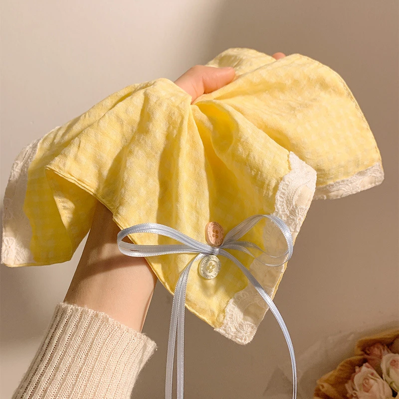 149奶黄色~蕾丝格子蝴蝶结方巾大肠发圈女高级感超大号头绳新款