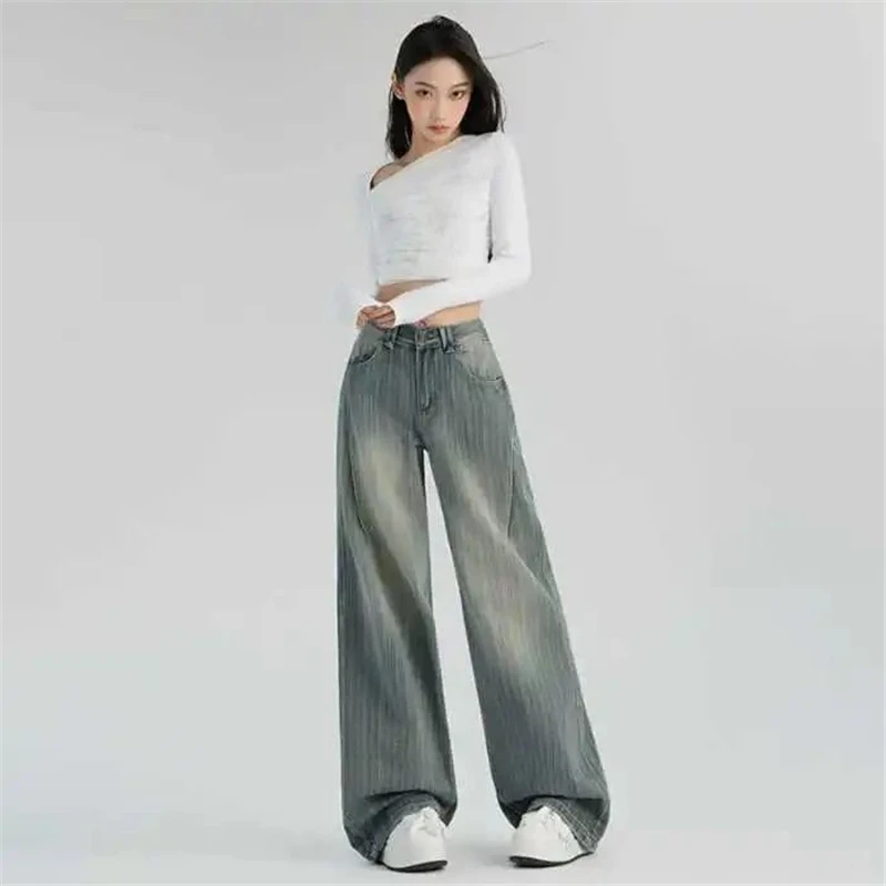 美式复古做旧条纹牛仔裤女冬季新款百搭垂感直筒裤阔腿牛仔拖地裤