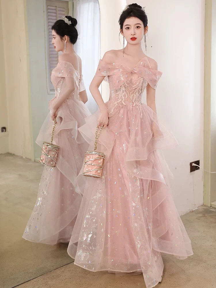 直播链接断码特价粉色晚礼服高端一字肩主持年会礼服学生艺考生日