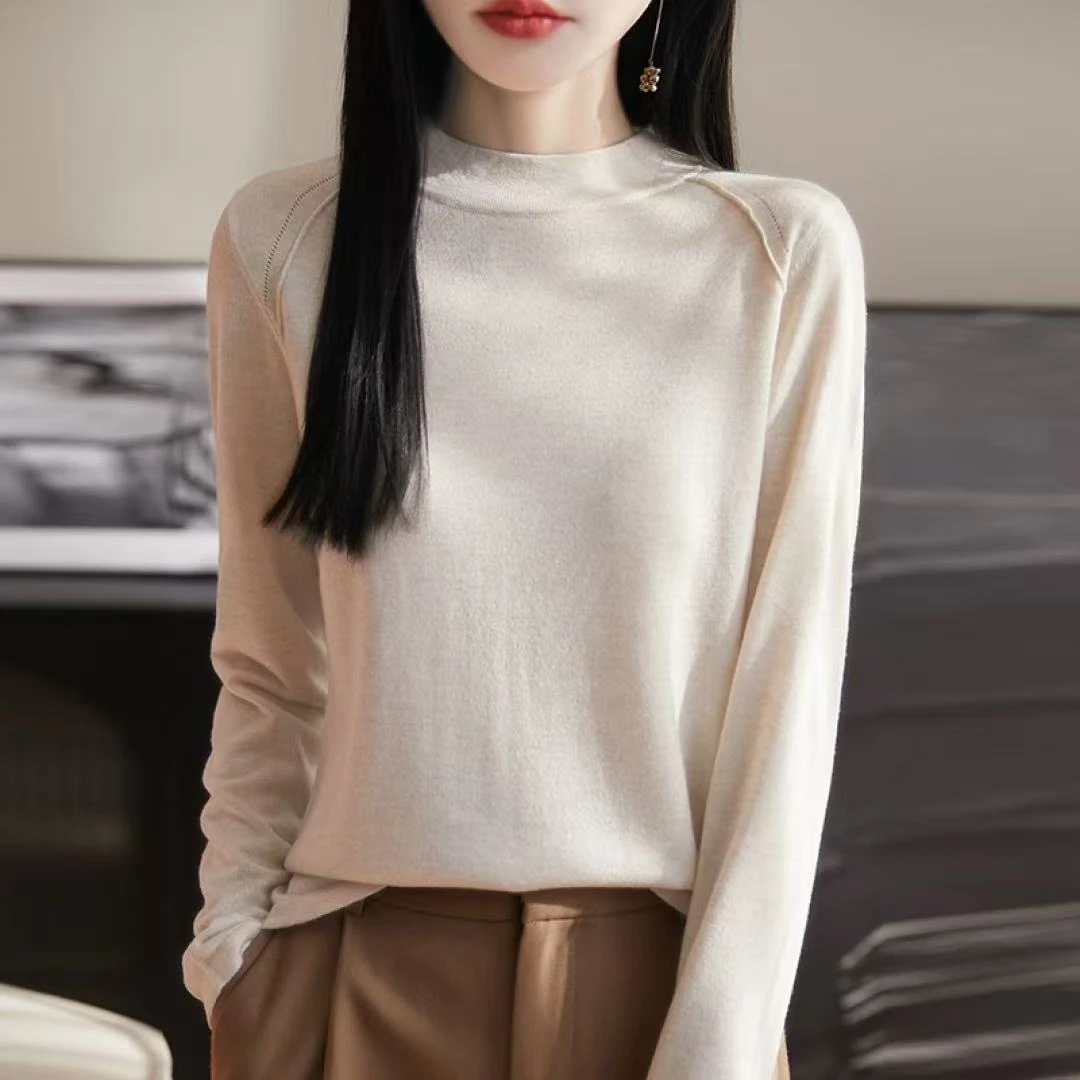 舒适百搭 超好穿春秋薄款女士精纺羊毛针织长袖富贵领纯色打底衫