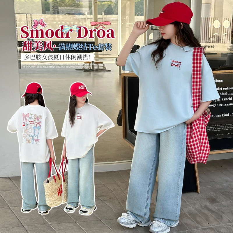 女童夏款蝴蝶结T恤牛仔阔腿裤套装中大童韩版时尚休闲女孩套装