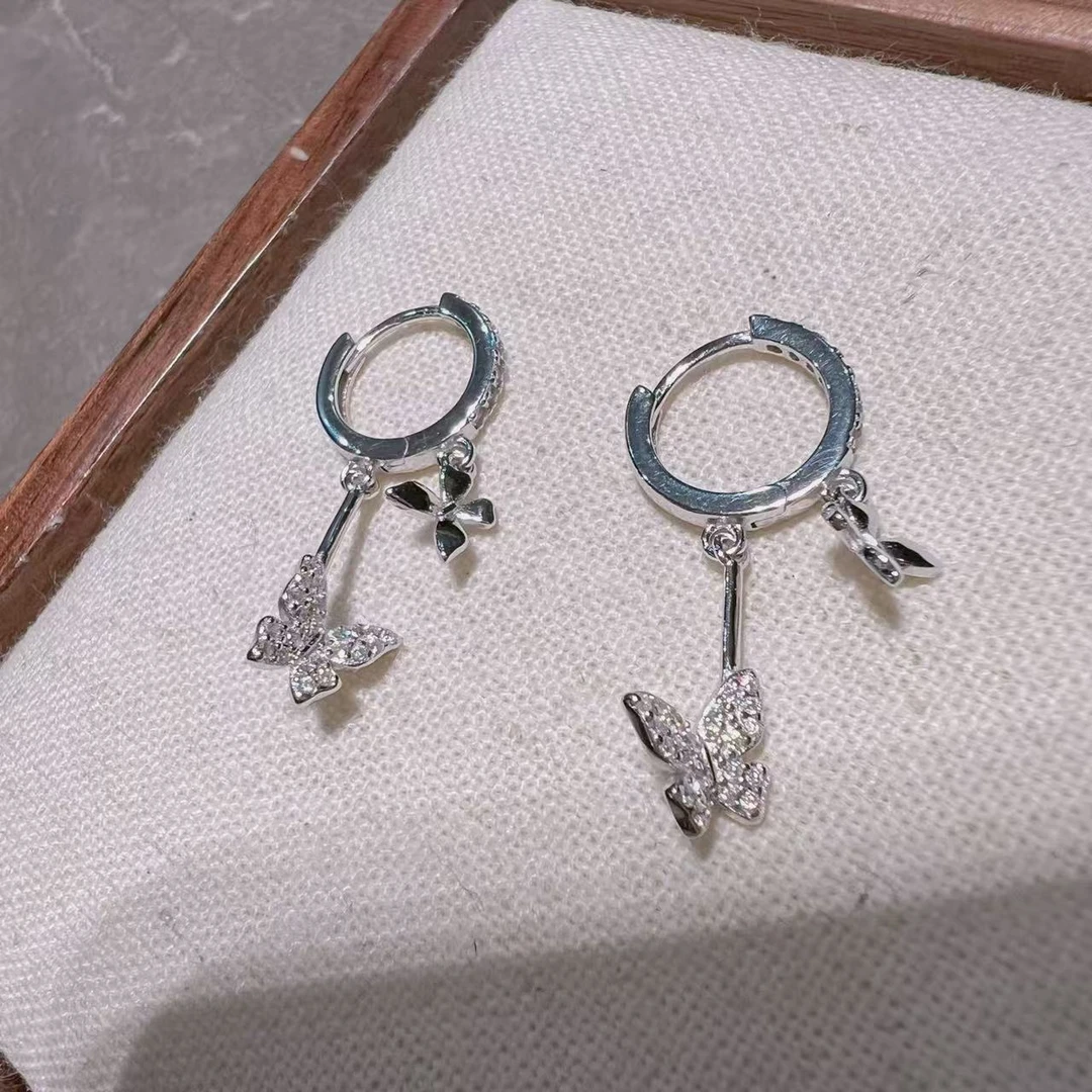 925银耳饰 旺莱 908 高货微镶满钻双蝴蝶流苏耳扣X83985706--1