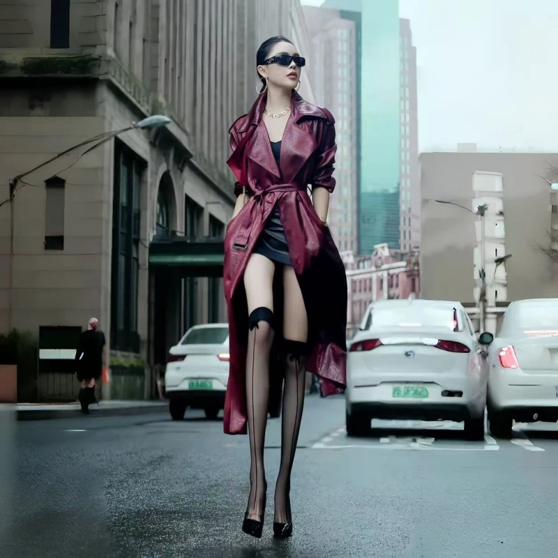 潮酷风风衣长袖冬季长款女落肩袖短款Chic风中长款防皮缎面衣风衣