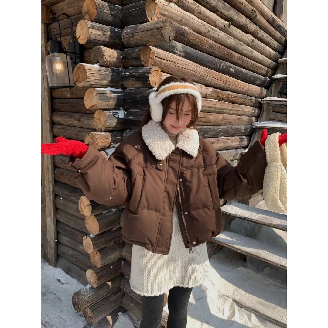 M-551017#冬日甜妹标配！韩系百搭羊羔毛领羽绒服外套